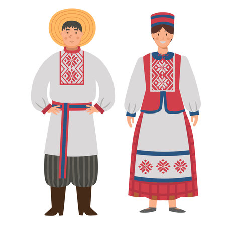Cartoon men's and women's costumes of Belarus character for children. flat vector illustrationのイラスト素材