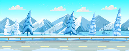 seamless background. Road over fields, flowers, grass and mountains. Panorama of summer green landscape with hills, meadows, blue sky with white clouds.Vector banner for eco products.のイラスト素材