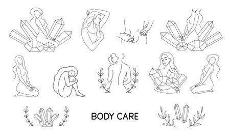Set of girls poses, elements for design. Naked woman line silhouette. Concept of loving your body, taking care of your body. line style. isolated on white background. Logo for spa salon, eco cosmosのイラスト素材