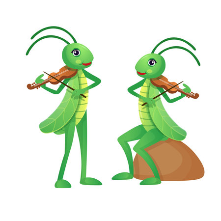 Funny cartoon grasshoppers.Grasshopper playing the violin. Cartoon grasshoppers for children on a white backgroundのイラスト素材