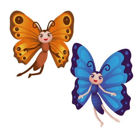 Funny cartoon butterflies.Blue and brown butterflies. Cartoon butterfly for children on a white backgroundのイラスト素材