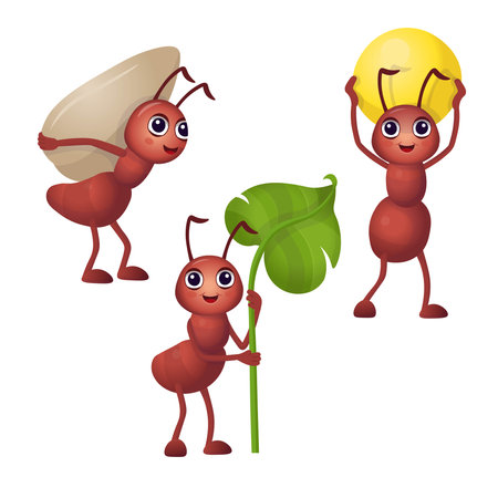 Set of funny cartoon ants. Ants carry a leaf, seeds and berries. Cartoon ants for children on a white background.のイラスト素材