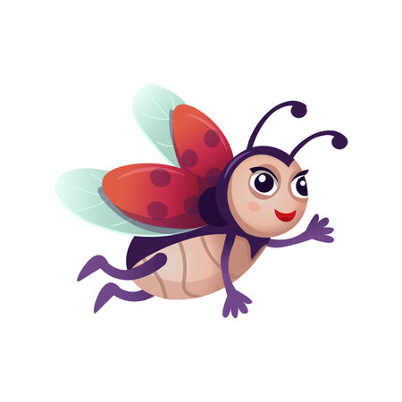 Funny cartoon ladybug. ladybug flying. Cartoon ladybug for children on a white backgroundのイラスト素材