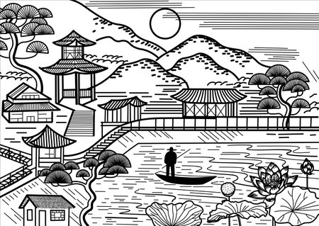 japanese landscape graphics with river, bridge, silhouette of fisherman in boat , water lilies, houses, pagodas. black and white graphic illustration, engraving. Coloring.のイラスト素材