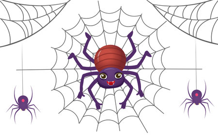 Round web with cartoon spider for children on a white background. Cob web silhouette. Round and corner webs. Vector.のイラスト素材