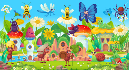 Summer Landscape of field with dandelions, buttercups, insects and mushrooms and wildflowers blue sky background. vector illustration in cartoon styleのイラスト素材