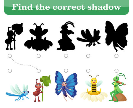 Find the correct silhouette. Play set for kids insects. Cartoon sticker insects. Play with your child, find insects by silhouette.Humanized insects with hands and eyes for kids.のイラスト素材