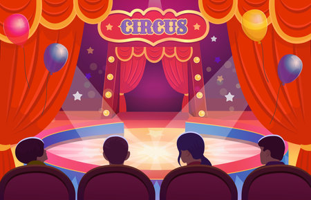 Circus arena with a round stage for the show with a red open curtain and red seats with people. Arena with a curtain. Interior with balloons.のイラスト素材