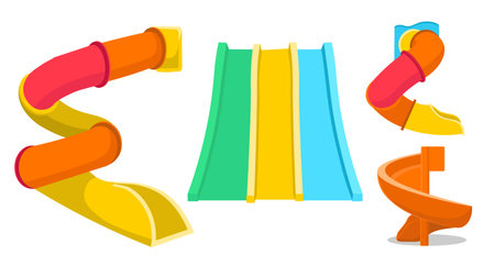 A set of children's slides aqua park or playground. Vector cartoon aquapark with colorful spiral pipe water slides.のイラスト素材