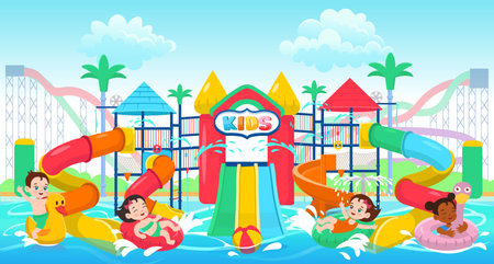 Two-story children's complex in the aqua park with kids, water slides, water jets. Vector cartoon aquapark with colorful spiral pipe water slides.のイラスト素材