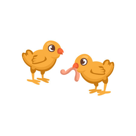 Cartoon little hens for kids. Chicken eats a worm Farm animals.Vector illustrationのイラスト素材