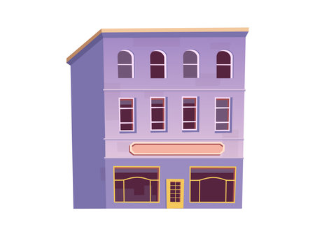 Purple historic old house with windows and shop on the ground floor in cartoon style. High rise building on a white background.のイラスト素材