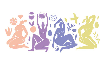 Set of abstract female figures In different poses. Trendy minimal style. female body. matisse style. Pastel colors.Vectorのイラスト素材