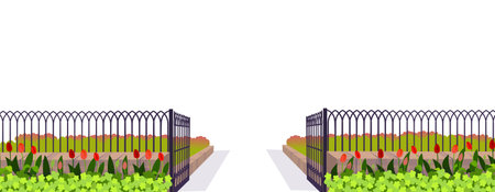 Entrance, fence with a gate, a flower bed and flowers, tulips in cartoon style. vector illustrationのイラスト素材