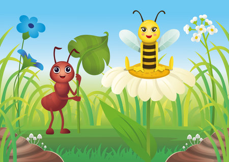 Cartoon background with ant and bee. Summer Landscape of field with grass and cartoon insects blue sky background. vector illustration in cartoon styleのイラスト素材
