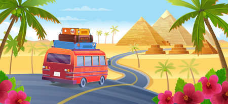 Road trip vacation by car on highway to the pyramids. Summer landscape with red car with luggage, palm, Egyptian pyramids and flowers, vector cartoon illustrationのイラスト素材