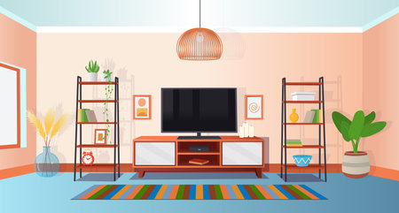 Living room with TV and shelves Living room interior in boho. Wooden TV stand, wicker lampshade, shelves with decorations, lots of indoor plants. Vector cartoon style.のイラスト素材