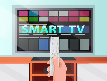 smart tv. Hand holding TV remote control. Video service with internet streaming multimedia shows, series. vectorのイラスト素材