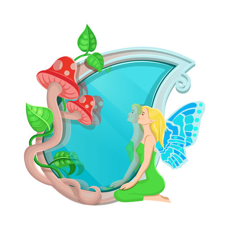 A magic mirror in the form of a drop of water and a fly agaric and a butterfly fairy. Magic in the magical forest. cartoon vector illustrationのイラスト素材