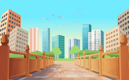 Entrance on the bridge in perspective. Perspective street of the city with houses facades panoramic view. Colored cityscape. Vector illustration of city street.のイラスト素材