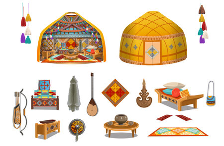 Interior of a traditional Kazakh yurt house inside, aul. Interior of a yurt with a bed, table, wardrobe, wash basin, dombra, wolf skin. Cozy interior in cartoon style.のイラスト素材
