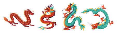 Set of Red dragons with ornament and flowers symbol of the Chinese new year. Flying dragons, cartoon hand drawn style.のイラスト素材