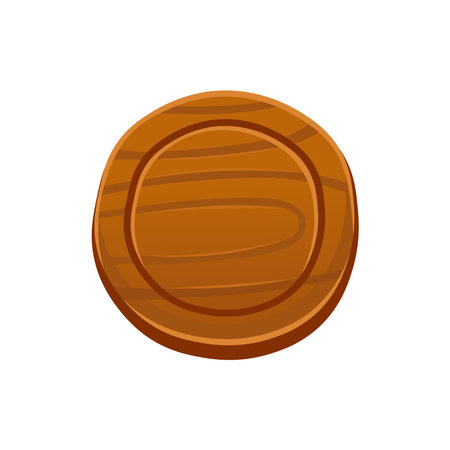 Round rustic board. Wooden round sign in cartoon style isolated on white background. Game element. Vector cartoon illustration.のイラスト素材