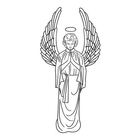 Angel standing and praying, vector line art.のイラスト素材