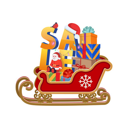 Sleigh with gifts. Christmas Santa Claus sleigh with holiday boxes with bows vector illustration isolated on white background.のイラスト素材