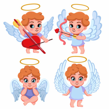 Set cartoon lovely angels characters. Love cupid. Cute cupid shoots from a bow. Cupid plays a heart-shaped cello. A cute Cupid sitsのイラスト素材