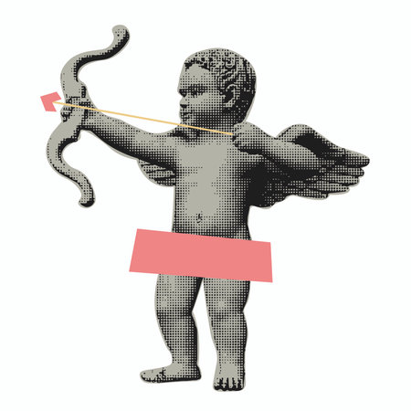 Retro halftone angel cupid with wings for design of Valentine's Day. Love cupid. Cute cupid shoots from a bow. Halftone texture, dot pop art style. Vector illustration of vintage grunge designのイラスト素材