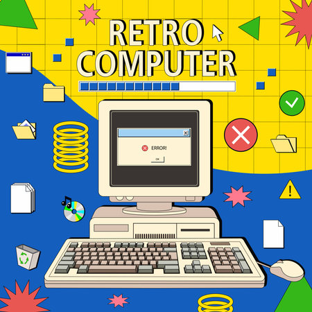Retro computer with text and icons on the background. Vector illustrationのイラスト素材