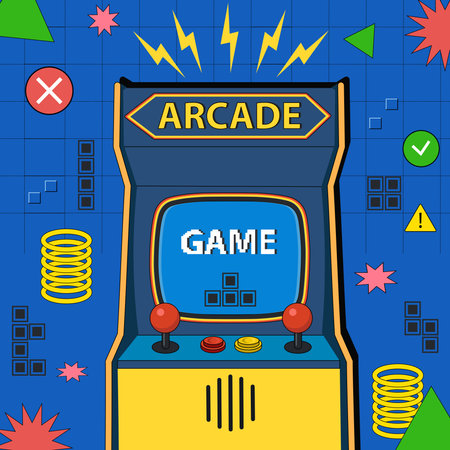 Retro poster with an old Arcade game machine in 80s style. Retro 80s 90s console. Nostalgia for retro game. Play device. Vector illustration Front faced. Cartoon style. Linear retro styleのイラスト素材