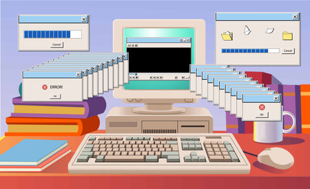 Retro computer with screen and keyboard and user interface elements. Computer 80-90s. Front faced. Back to 90's, banner. Cartoon style.のイラスト素材