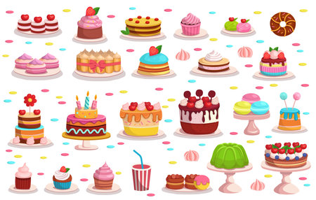 Big Set of holiday cakes and pastries. Happy birthday illustration in cartoon styleのイラスト素材