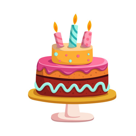Two-tier cake with candles on a white background. Happy birthday illustration in cartoon style