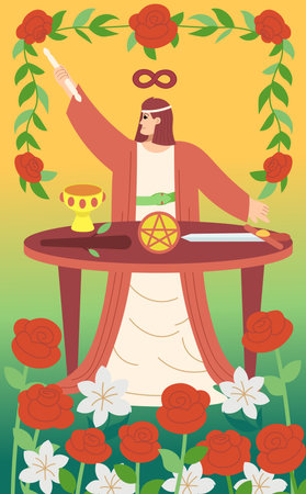Major Arcana tarot card design. Hand drawn cartoon linear flat style.THE MAGICIANのイラスト素材