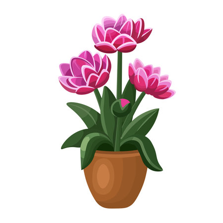 Tulips in a pot on a white background, hand drawing vector in cartoon style.のイラスト素材
