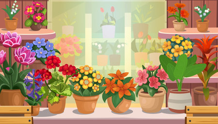 Flower store. Flowers are on the shelves. Large set of indoor plants and flowers.Set of flowers in pots.Interior of a flower shop. Beautiful showcases with many flowers Large set of indoor plantsのイラスト素材
