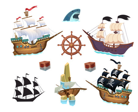 Big set of pirates with islands, ships, barrels, chests. Set of elements for the game. Cartoon, vector.のイラスト素材