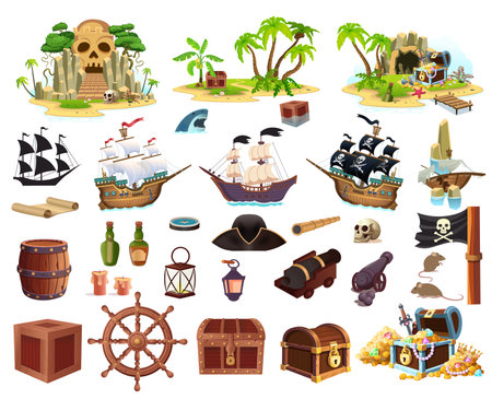 Big set of pirates with islands, ships, barrels, chests. Set of elements for the game. Cartoon, vector.のイラスト素材