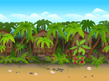 Vector illustration of a tropical beach with palm trees and bungalowsのイラスト素材