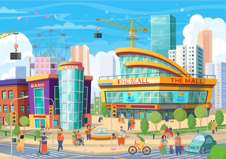 Panorama city building houses with mall, bank. Big city with people and cars. People walking, eating on a cafe, drinking, walking dogs, cycling, riding a scooter, singing songs. Vector.のイラスト素材