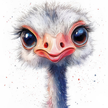 Ostrich head with big eyes. Hand drawn watercolor illustration.の素材