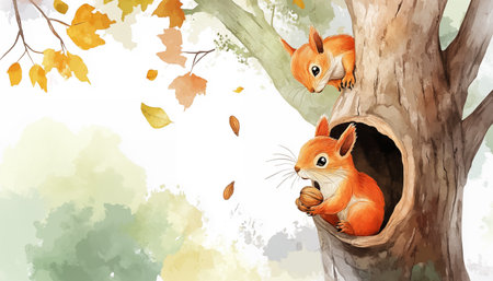 Cute cartoon squirrels sitting on a tree branch in autumn.の素材
