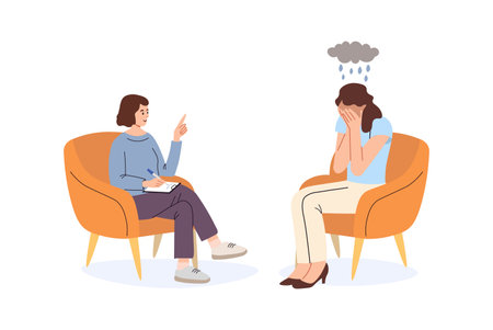 A woman cries at a psychologist's appointment. Psychological help. Reception at the psychologist. Conversation. A man with depression came to the psychologist for consultation. Flat vector illustrationのイラスト素材