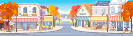 Panorama city autumn. Panorama street with houses, shops, cafes and yellow and red trees. Cozy street in flat cartoon style.のイラスト素材