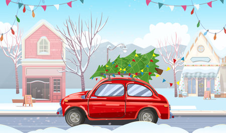 Red Christmas retro car with a Christmas tree drives through a winter city. Hand drawn cartoon style. Christmas card Christmas city with a red car.のイラスト素材