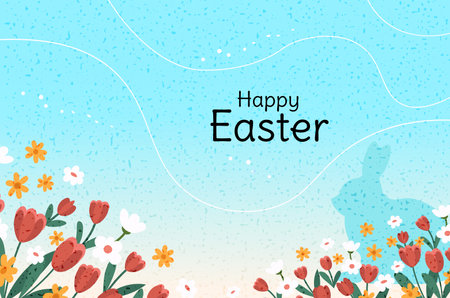 Basket with Easter eggs, flowers and bunny. Vector illustration.