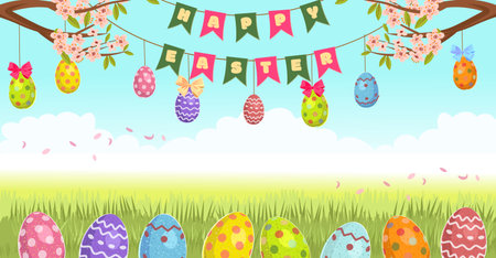 Easter banner. Colored eggs hang on strings and lie hidden in the grass. Happy Easter.のイラスト素材